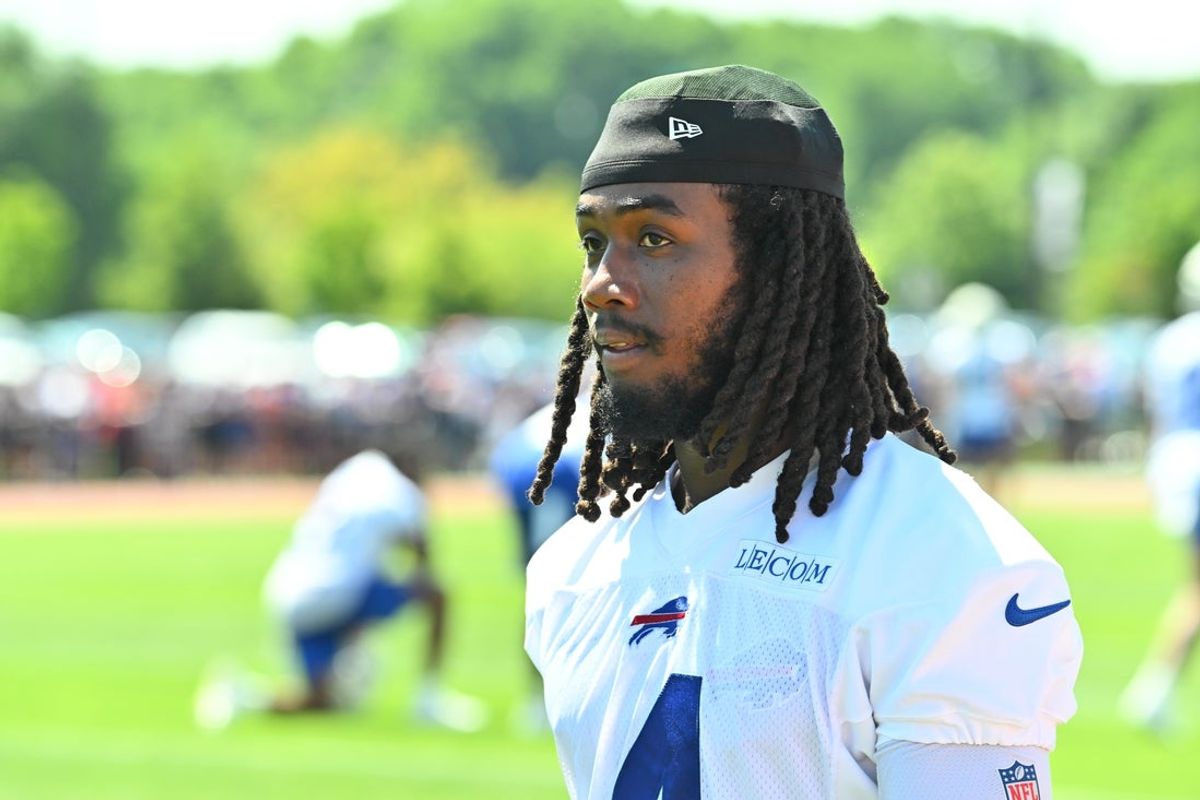 Jul 23, 2025; Rochester, NY, USA; Buffalo Bills running back James Cook (4) on the field during training camp at St. John Fisher University. Mandatory Credit: Mark Konezny-Imagn Images