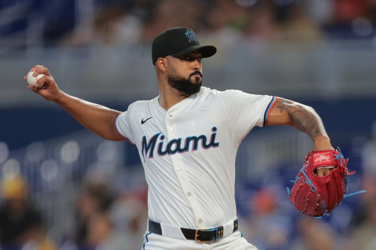 Jul 23, 2025; Miami, Florida, USA; Miami Marlins starting pitcher Sandy Alcantara (22) delivers a pitch against the San Diego Padres during the first inning at loanDepot Park. Mandatory Credit: Sam Navarro-Imagn Images