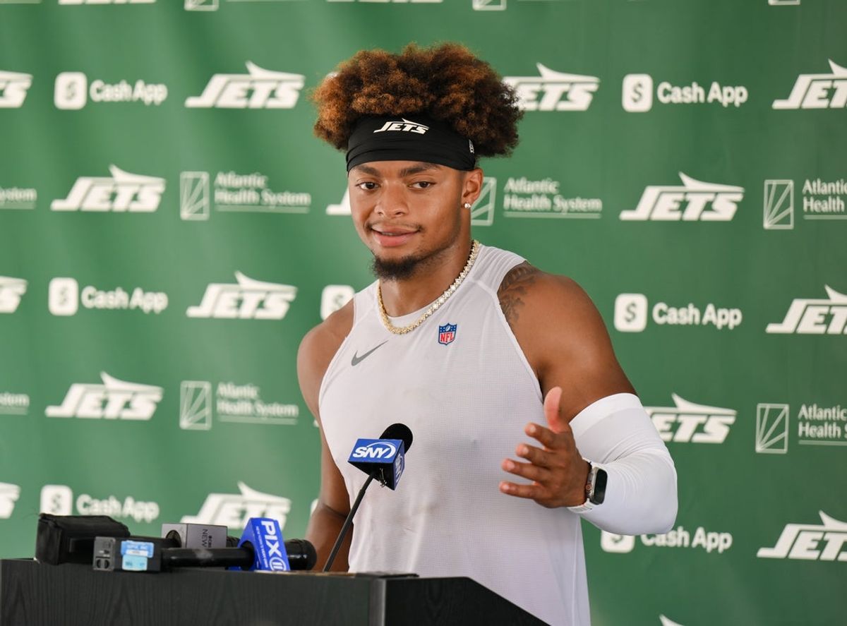 Jul 23, 2025; Florham Park, NY, USA; New York Jets quarterback Justin Fields (7) speaks at a press conference during training camp at Atlantic Health Jets Training Center. Mandatory Credit: John Jones-Imagn Images