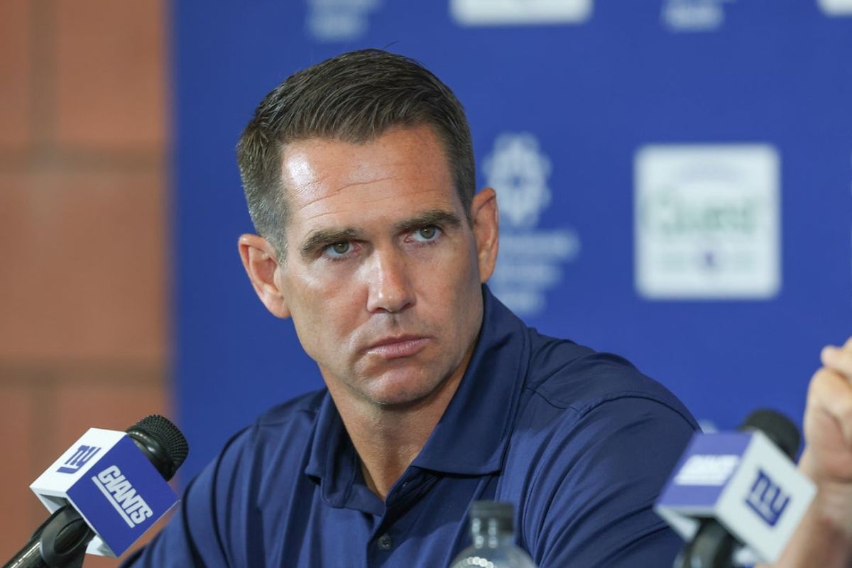 Jul 23, 2025; East Rutherford, NJ, USA; New York Giants general manager Joe Schoen talks with media during training camp at Quest Diagnostics Training Center. Mandatory Credit: Vincent Carchietta-Imagn Images