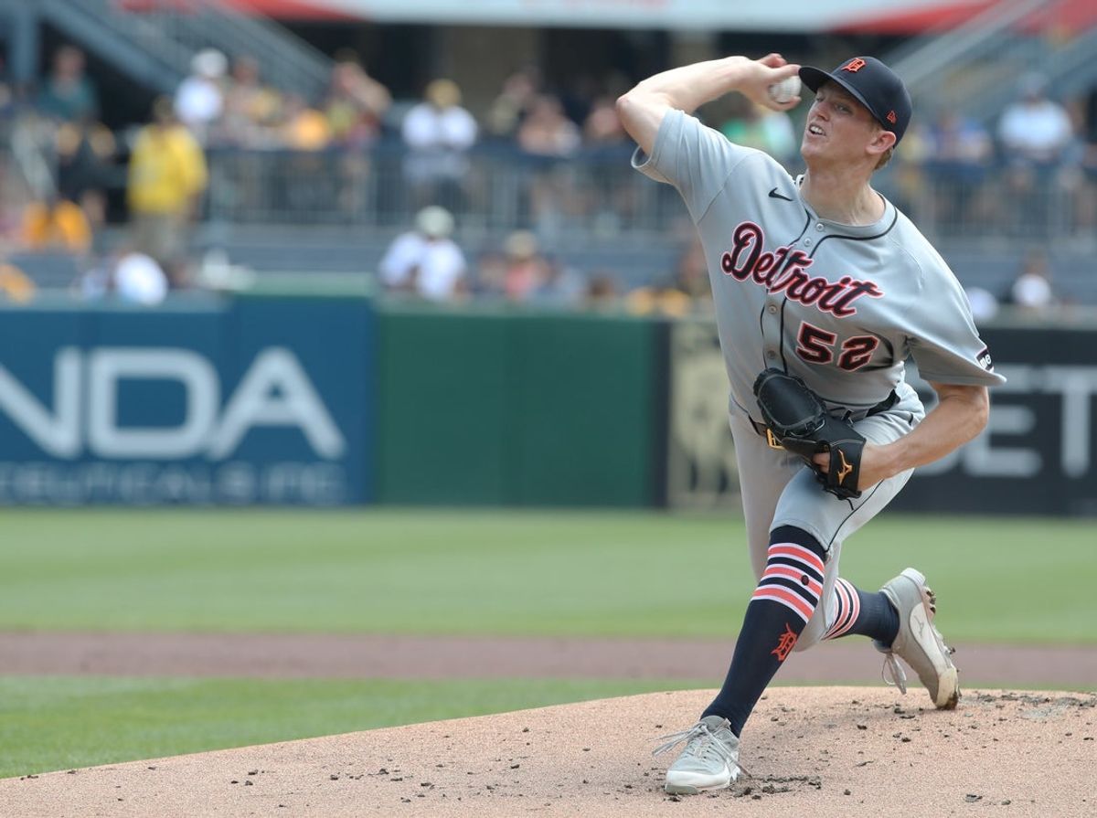 Jul 23, 2025; Pittsburgh, Pennsylvania, USA;  Detroit Tigers starting pitcher Troy Melton (52) delivers a pitch in his major league debut during the first inning against the Pittsburgh Pirates at PNC Park. Mandatory Credit: Charles LeClaire-Imagn Images