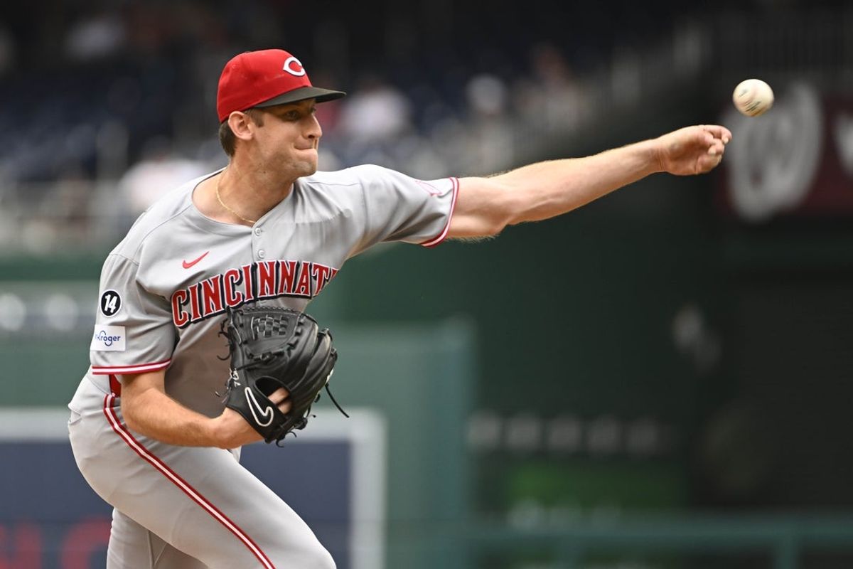 Jul 23, 2025; Washington, District of Columbia, USA; Cincinnati Reds starting pitcher Nick Lodolo (40) throws to the Washington Nationals during the first inning at Nationals Park. Mandatory Credit: Brad Mills-Imagn Images