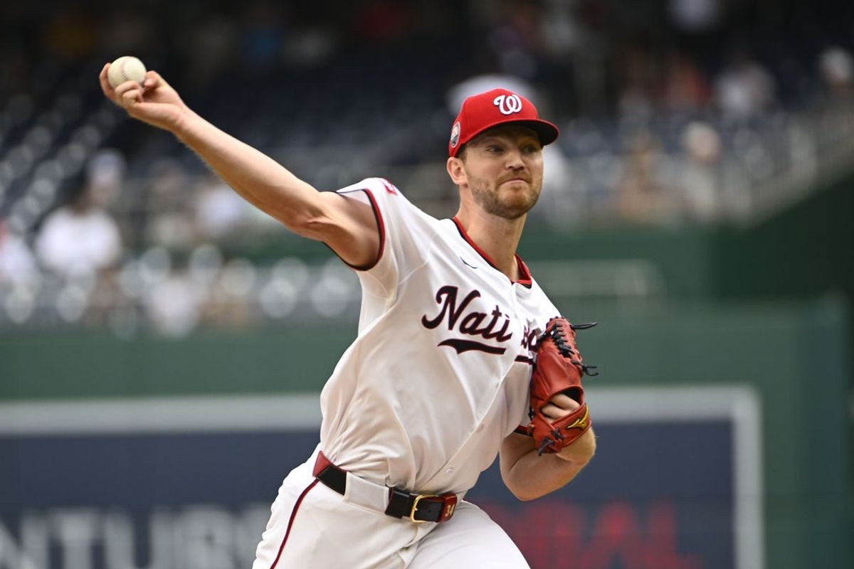 Jul 23, 2025; Washington, District of Columbia, USA; Washington Nationals starting pitcher Michael Soroka (34) throws to the Cincinnati Reds during the first inning at Nationals Park. Mandatory Credit: Brad Mills-Imagn Images