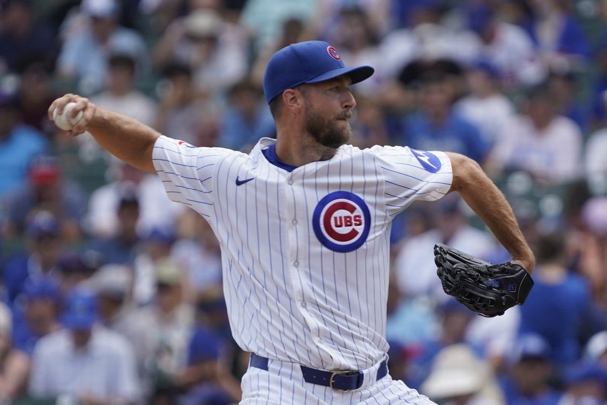 Jul 23, 2025; Chicago, Illinois, USA; Chicago Cubs pitcher Colin Rea (53) throws the ball against the Kansas City Royals during the first inning at Wrigley Field. Mandatory Credit: David Banks-Imagn Images