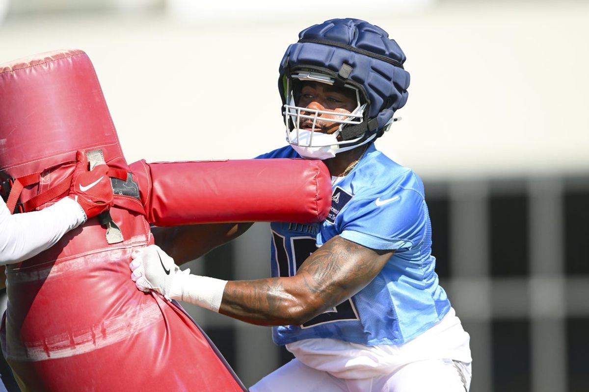 Jul 23, 2025; Nashville, TN, USA;  Tennessee Titans wide receiver Treylon Burks (16) goes through drills during training camp at Ascension Saint Thomas Sports Park. Mandatory Credit: Steve Roberts-Imagn Images
