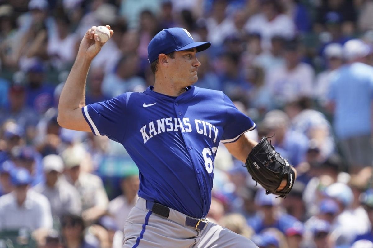 Jul 23, 2025; Chicago, Illinois, USA; Kansas City Royals pitcher Seth Lugo (67) throws the ball against the Chicago Cubs during the first inning at Wrigley Field. Mandatory Credit: David Banks-Imagn Images