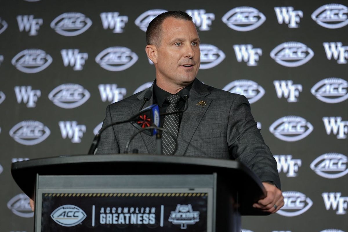 Jul 23, 2025; Charlotte, NC, USA; Wake Forest Head Coach Jake Dickert answers questions from the media during ACC Media days at Hilton Charlotte Uptown. Mandatory Credit: Jim Dedmon-Imagn Images