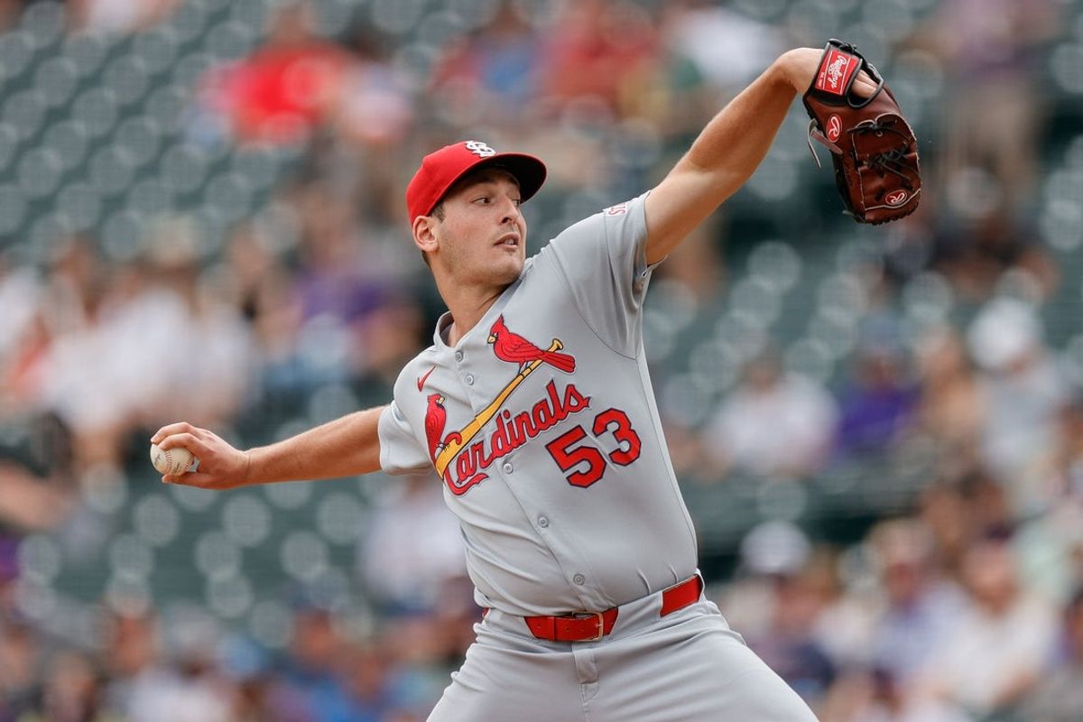 Jul 23, 2025; Denver, Colorado, USA; St. Louis Cardinals starting pitcher Andre Pallante (53) pitches in the first inning against the Colorado Rockies at Coors Field. Mandatory Credit: Isaiah J. Downing-Imagn Images