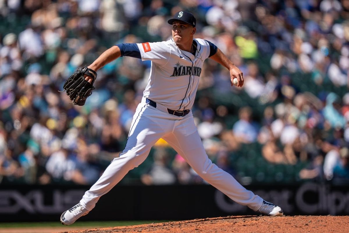 Jul 23, 2025; Seattle, Washington, USA;  Seattle Mariners reliever Brandyn Garcia (43) delivers a pitch during the ninth inning Milwaukee Brewers at T-Mobile Park. Mandatory Credit: Stephen Brashear-Imagn Images