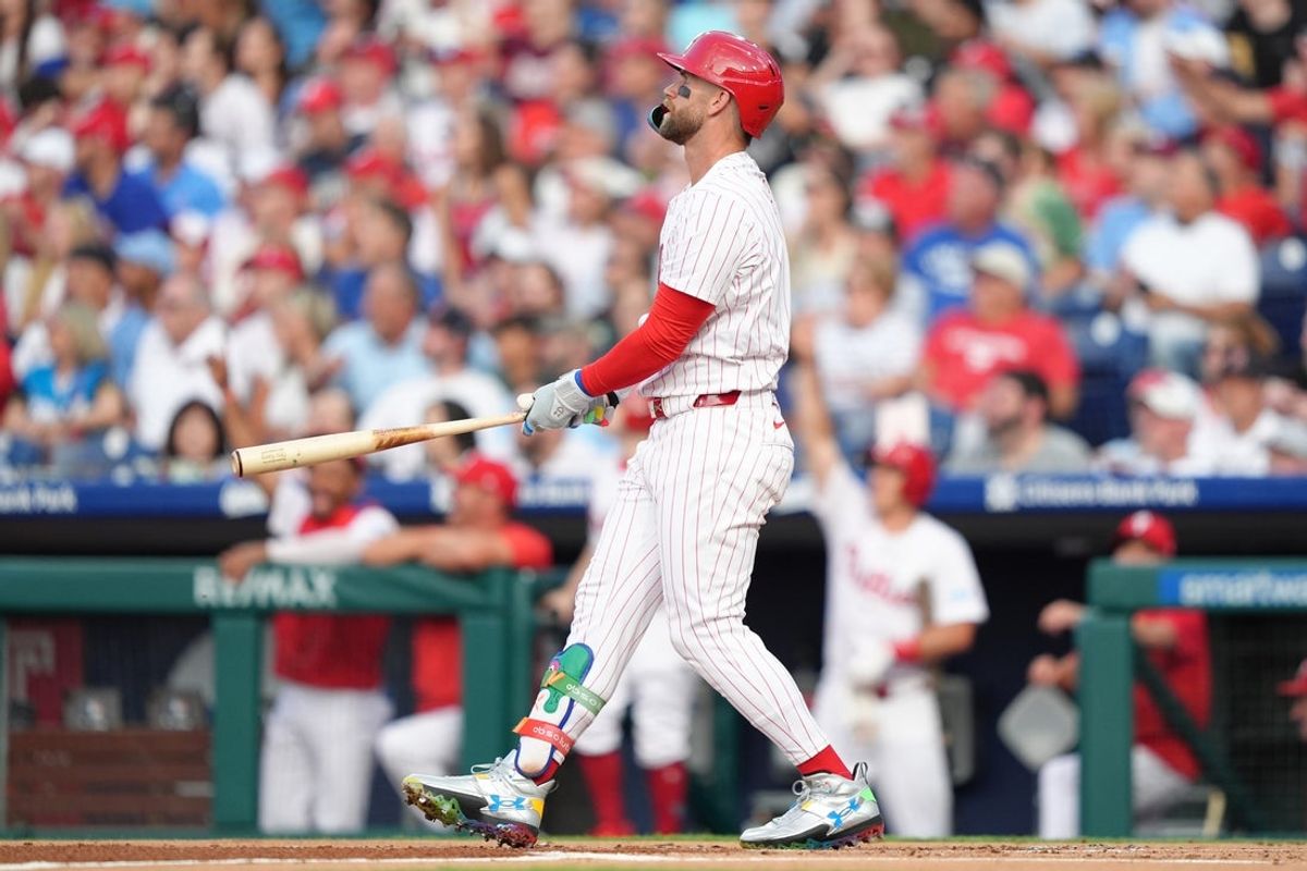 Jul 23, 2025; Philadelphia, Pennsylvania, USA; Philadelphia Phillies infielder Bryce Harper (3) watches the ball after hitting a home run against the Boston Red Sox in the first inning at Citizens Bank Park. Mandatory Credit: Kyle Ross-Imagn Images