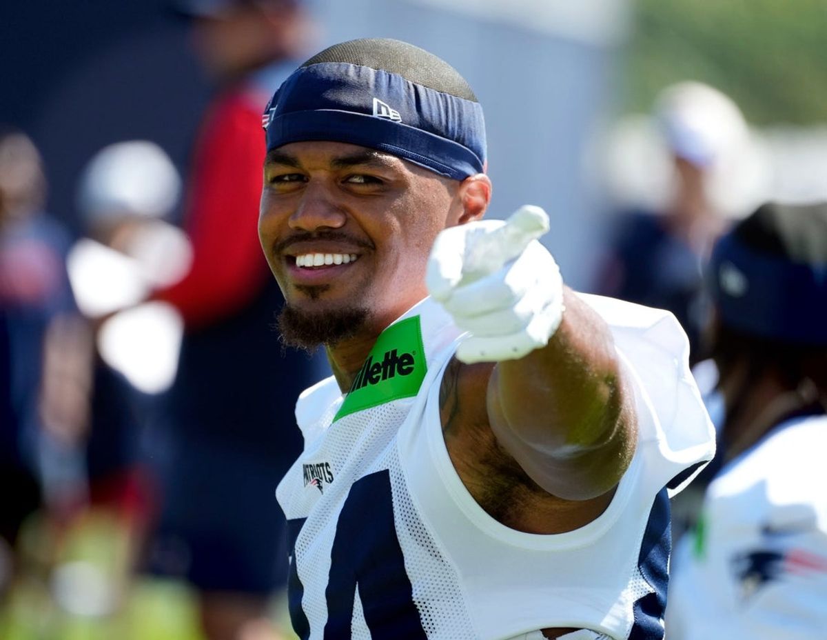 Wide receiver Kendrick Bourne works out on the opening day of New England Patriots training camp on July 23, 2025, at Gillette Stadium in Foxboro, Massachusetts.
