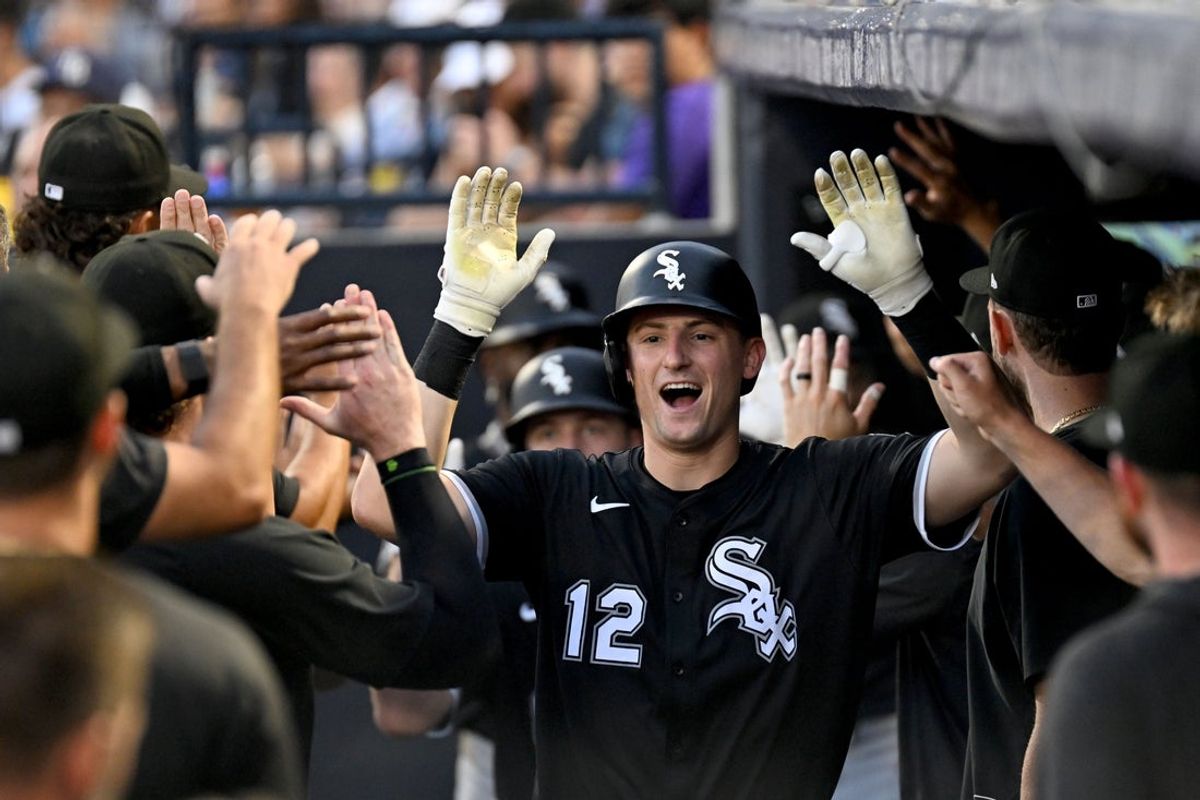 Jul 23, 2025; St. Petersburg, Florida, USA; Chicago White Sox shortstop Colson Montgomery (12) celebrates  after hitting a three run home run in the second inning against the Tampa Bay Rays at George M. Steinbrenner Field. Mandatory Credit: Jonathan Dyer-Imagn Images