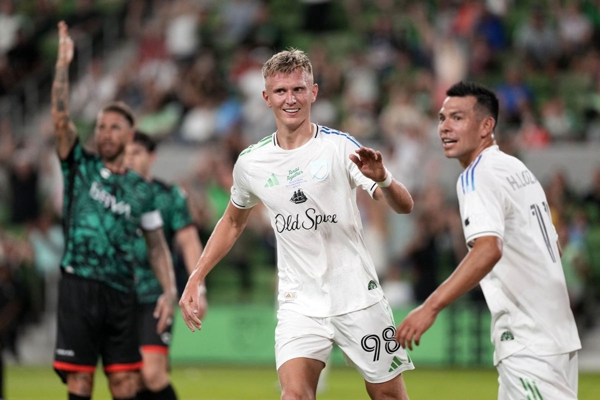 Jul 23, 2025; Austin, Texas, USA; MLS All Stars forward Sam Surridge (98) of Nashville SC  reacts after scoring a goal during the first half for the 2025 MLS All-Star Game at Q2 Stadium. Mandatory Credit: Scott Wachter-Imagn Images