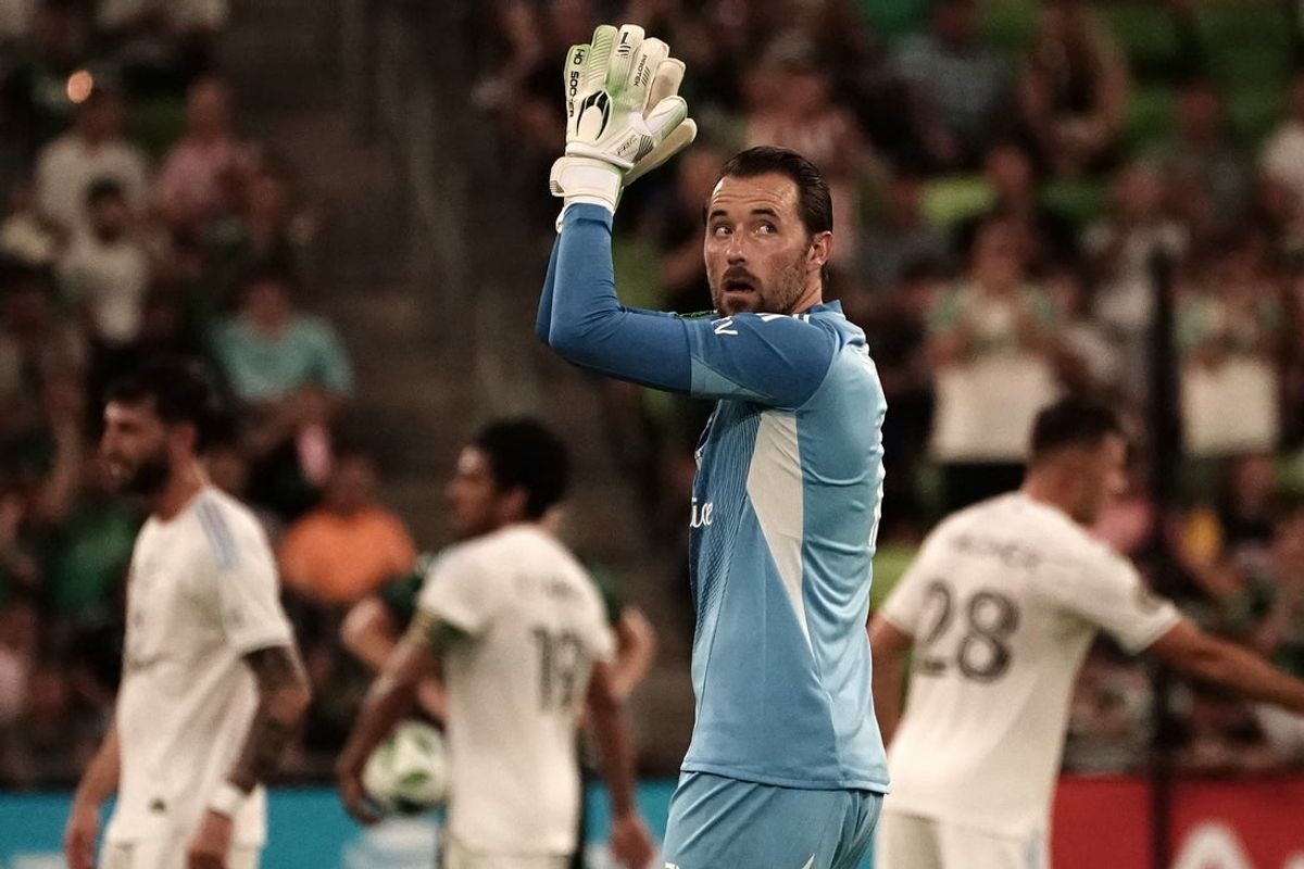 Jul 23, 2025; Austin, Texas, USA; MLS All Stars goalkeeper Brad Stuver (1) of Austin FC  reacts in the first half during the 2025 MLS All-Star Game at Q2 Stadium. Mandatory Credit: Dustin Safranek-Imagn Images