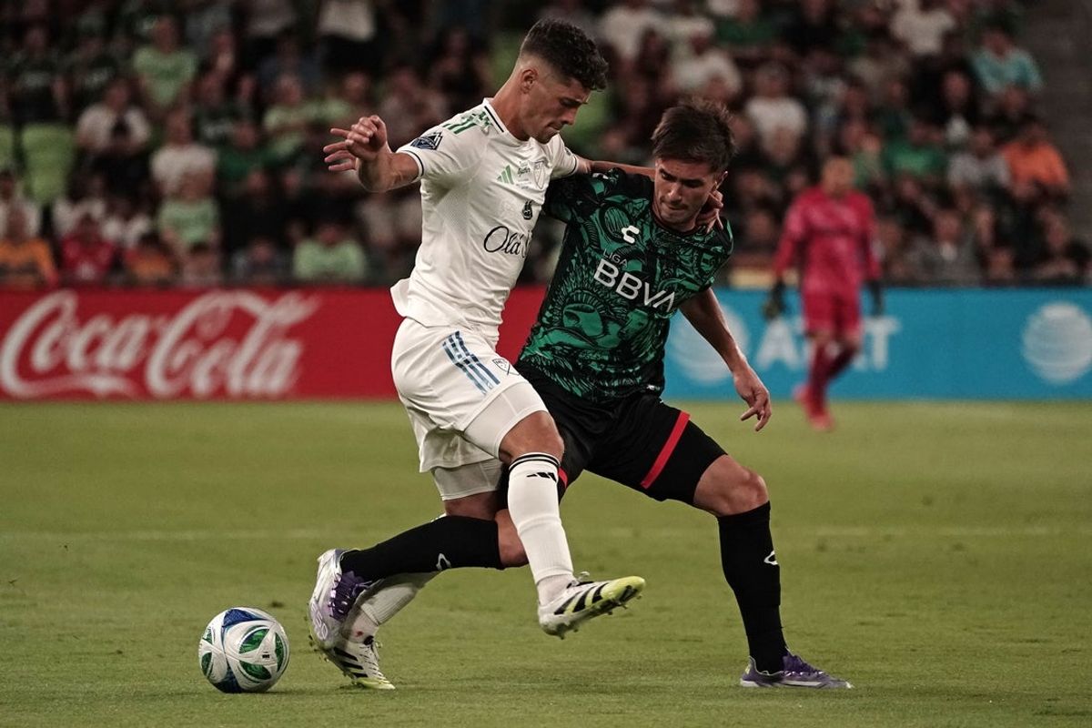 Jul 23, 2025; Austin, Texas, USA; MLS All Stars midfielder Sebastian Berhalter (16) of the Vancouver Whitecaps kicks the ball past Liga MX All Stars midfielder Agustin Palavecino (8) of Necaxa in the first half during the 2025 MLS All-Star Game at Q2 Stadium. Mandatory Credit: Dustin Safranek-Imagn Images