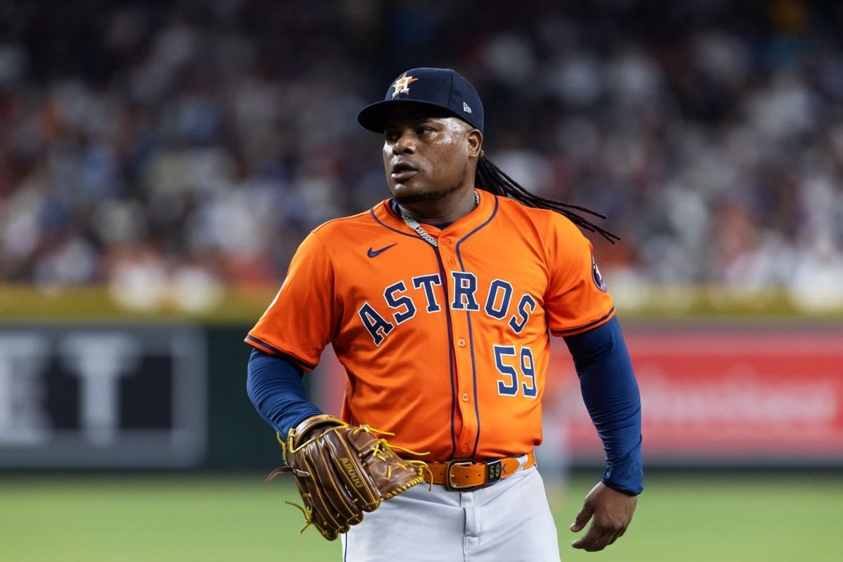 Jul 22, 2025; Phoenix, Arizona, USA; Houston Astros pitcher Framber Valdez against the Arizona Diamondbacks at Chase Field. Mandatory Credit: Mark J. Rebilas-Imagn Images