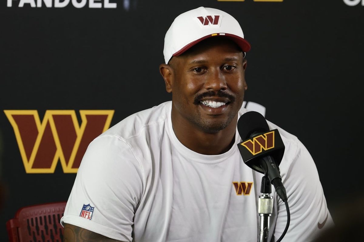Jul 24, 2025; Ashburn, VA, USA; Washington Commanders outside linebacker Von Miller (24) speaks with the media after practice on day two of training camp at OrthoVirginia Training Center at Commanders Park. Mandatory Credit: Geoff Burke-Imagn Images