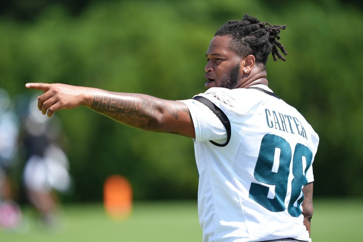 Jul 24, 2025; Philadelphia, PA, USA; Philadelphia Eagles defensive tackle Jalen Carter (98) reacts during training camp at NovaCare Complex. Mandatory Credit: Kyle Ross-Imagn Images