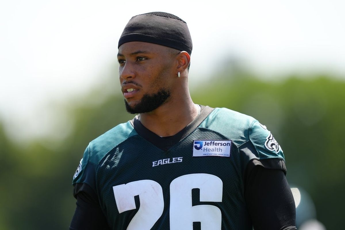Jul 24, 2025; Philadelphia, PA, USA; Philadelphia Eagles running back Saquon Barkley (26) looks on during training camp at NovaCare Complex. Mandatory Credit: Kyle Ross-Imagn Images