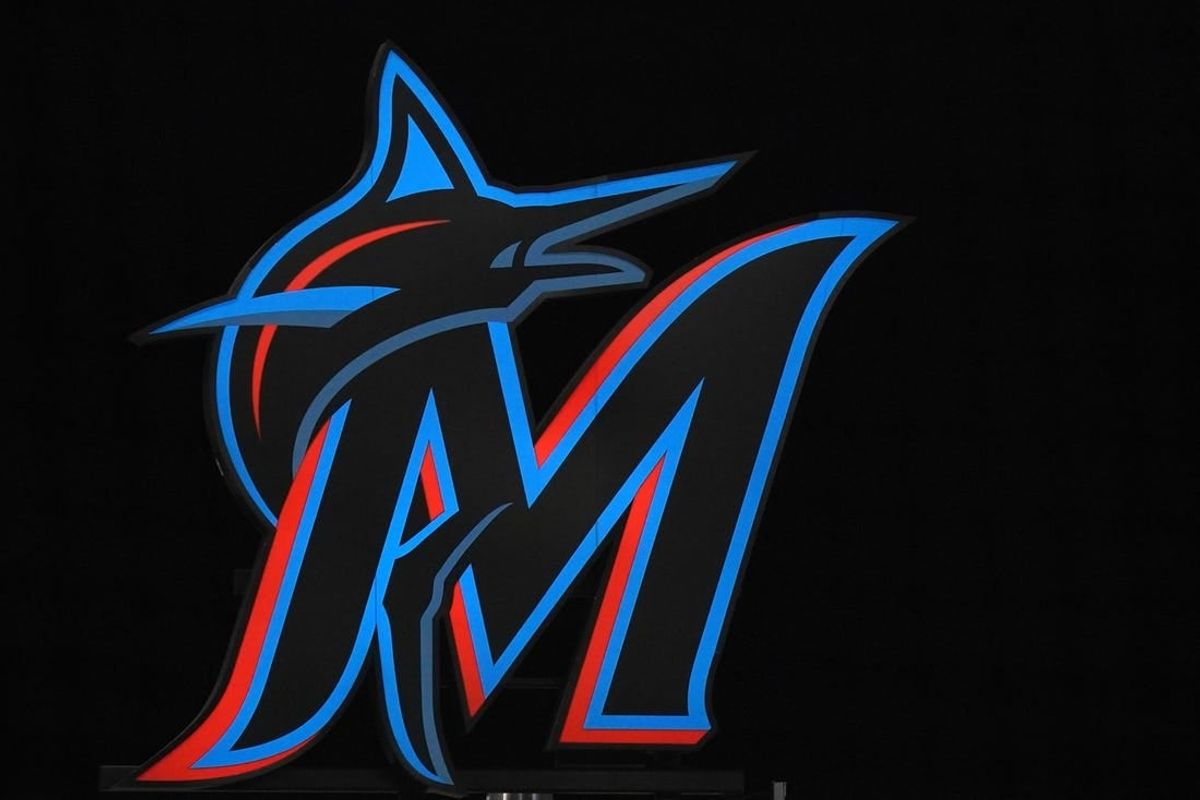 May 5, 2021; Miami, Florida, USA; A general view of the Miami Marlins illuminated logo at loanDepot park during the game between the Miami Marlins and the Arizona Diamondbacks.