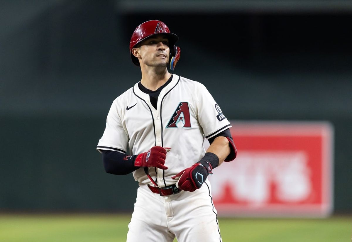 Jul 22, 2025; Phoenix, Arizona, USA; Arizona Diamondbacks outfielder Randal Grichuk against the Houston Astros at Chase Field. Mandatory Credit: Mark J. Rebilas-Imagn Images