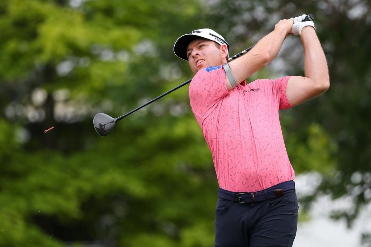 Jul 24, 2025; Blaine, Minnesota, USA; Max Greyserman plays his shot on the 10th hole during the first round of the 3M Open golf tournament. Mandatory Credit: Matt Krohn-Imagn Images