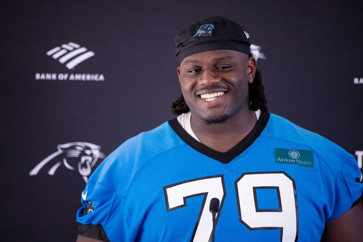 Jul 24, 2025; Charlotte, NC, USA; Carolina Panthers offensive tackle Ikem Ekwonu (79) talks with the media after practice during training camp. Mandatory Credit: Scott Kinser-Imagn Images