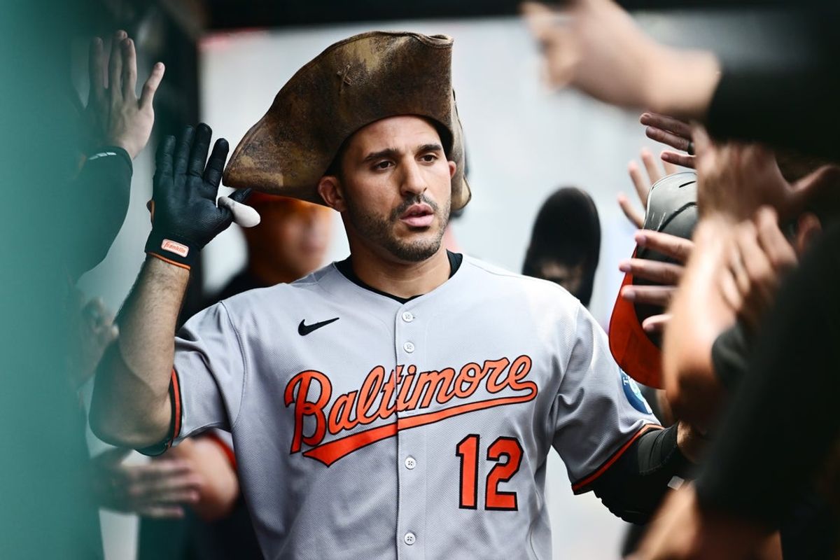 Jul 24, 2025; Cleveland, Ohio, USA; Baltimore Orioles left fielder Ramon Laureano (12) celebrates after hitting a home run during the first inning against the Cleveland Guardians at Progressive Field. Mandatory Credit: Ken Blaze-Imagn Images
