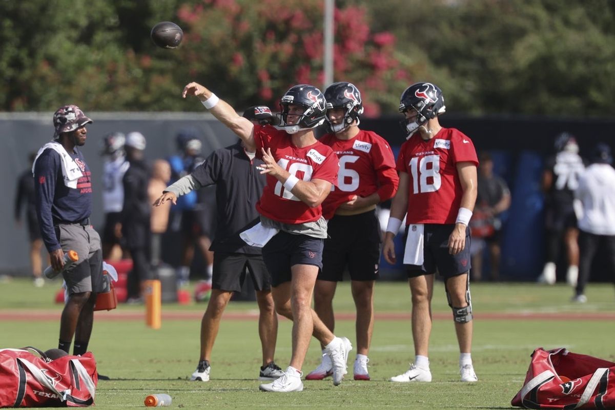 Jul 24, 2025; Houston, TX, USA; Houston Texans quarterback Davis Mills (10) during training camp at Houston Methodist Training Center. Mandatory Credit: Troy Taormina-Imagn Images