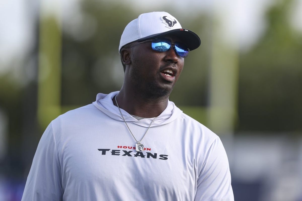 Jul 24, 2025; Houston, TX, USA; Houston Texans quarterbacks coach Jerrod Johnson during training camp at Houston Methodist Training Center. Mandatory Credit: Troy Taormina-Imagn Images