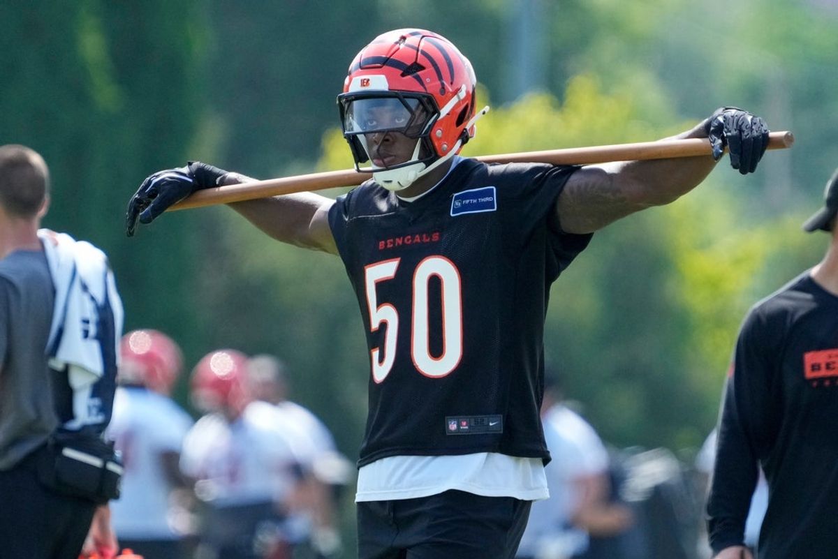 Cincinnati Bengals linebacker Shaka Heyward (50) runs throw an exercise during the second day of preseason training camp in downtown Cincinnati on Thursday, July 24, 2025.