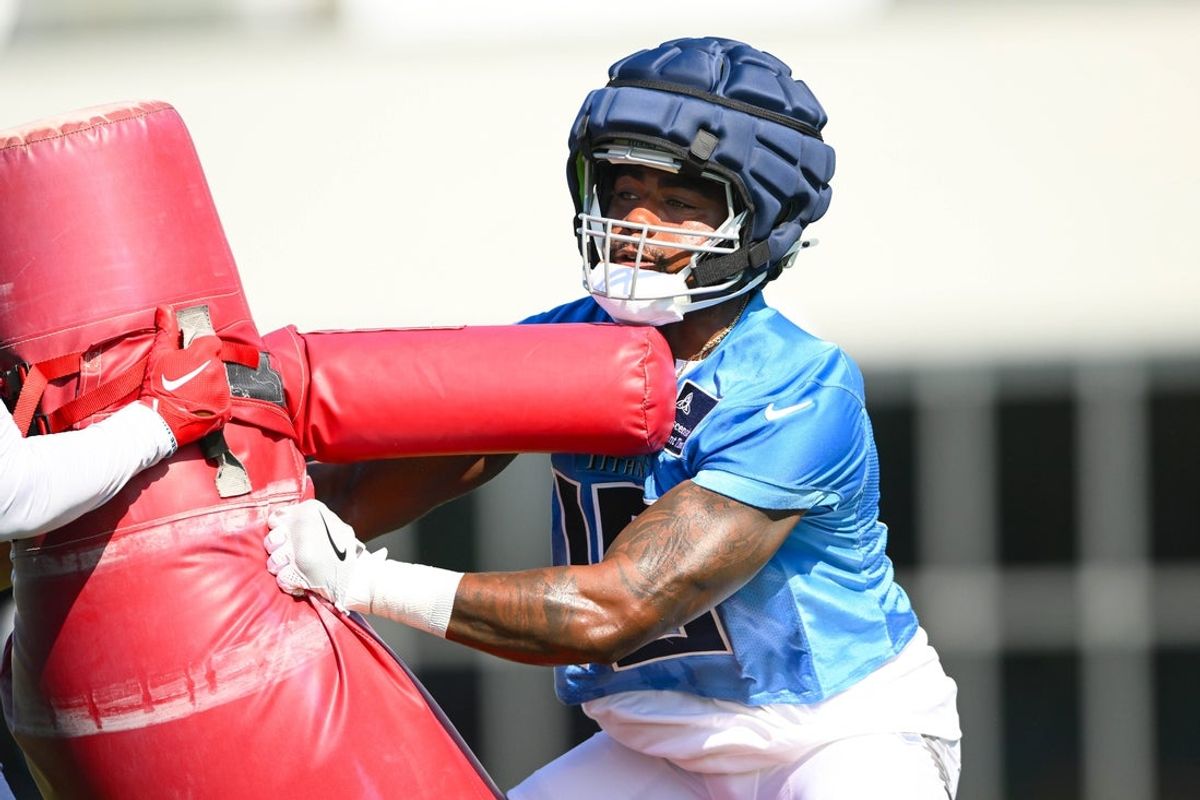 Jul 23, 2025; Nashville, TN, USA;  Tennessee Titans wide receiver Treylon Burks (16) goes through drills during training camp at Ascension Saint Thomas Sports Park. Mandatory Credit: Steve Roberts-Imagn Images