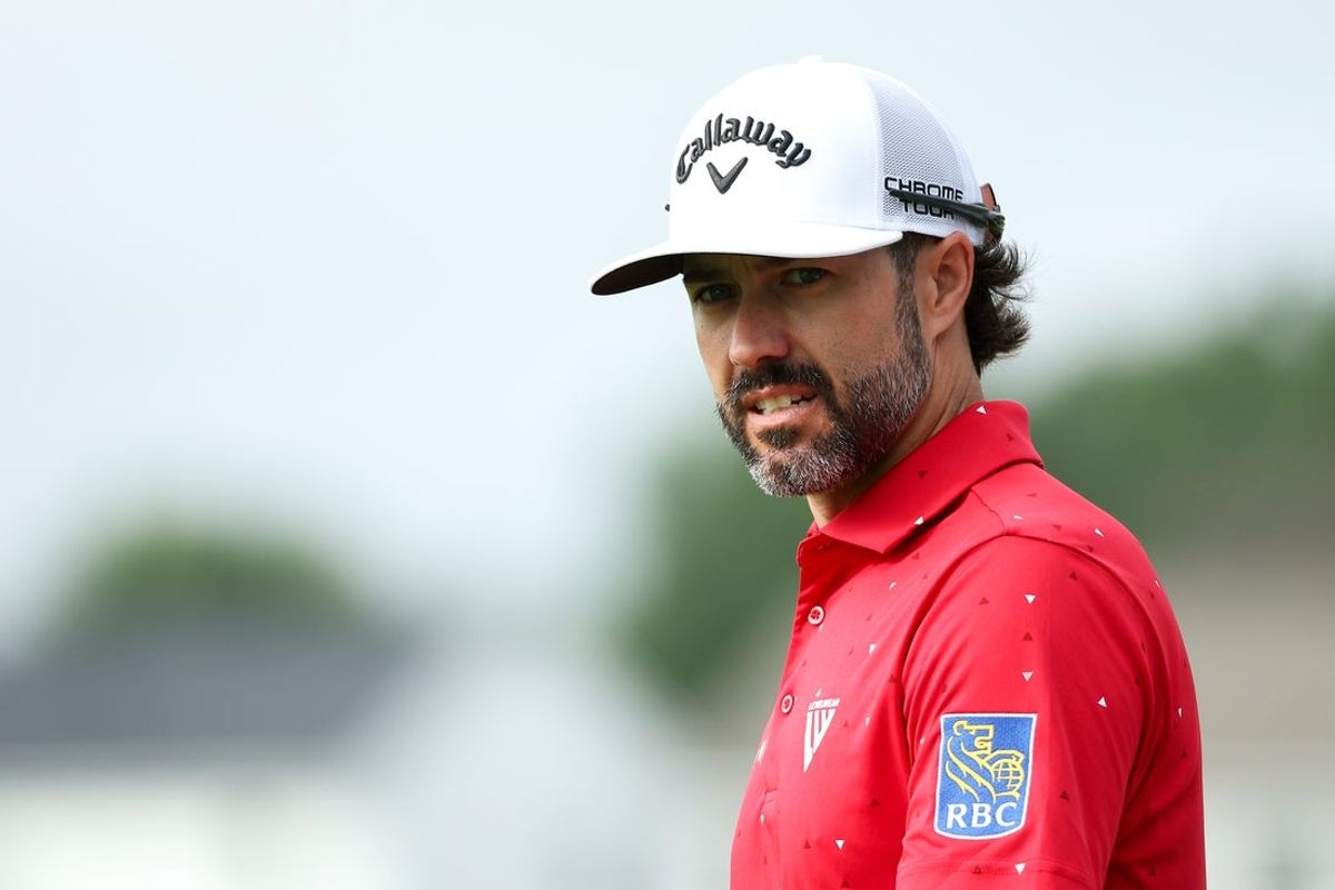 Jul 24, 2025; Blaine, Minnesota, USA; Adam Hadwin looks on during the first round of the 3M Open golf tournament. Mandatory Credit: Matt Krohn-Imagn Images