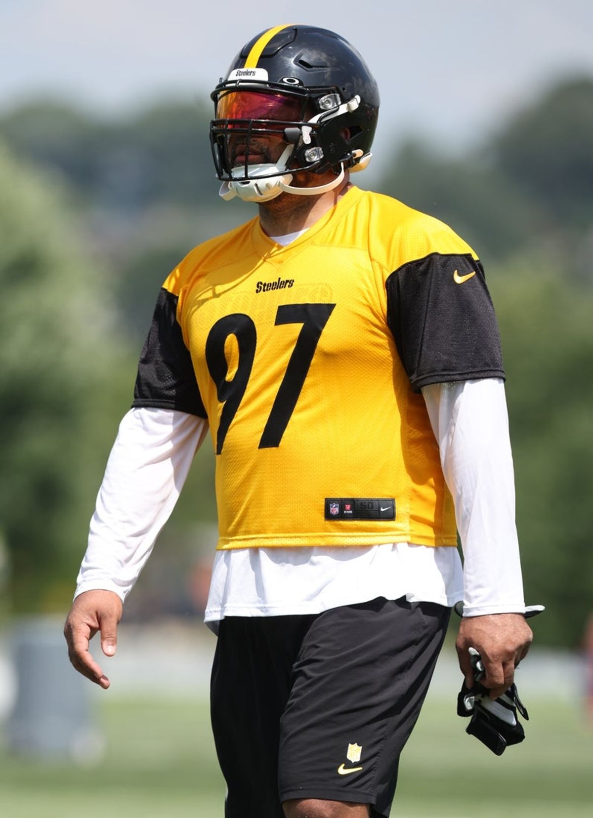 Jul 24, 2025; Latrobe, PA, USA;  Pittsburgh Steelers defensive end Cam Heyward (97) participates in drills during training camp at Saint Vincent College. Mandatory Credit: Charles LeClaire-Imagn Images
