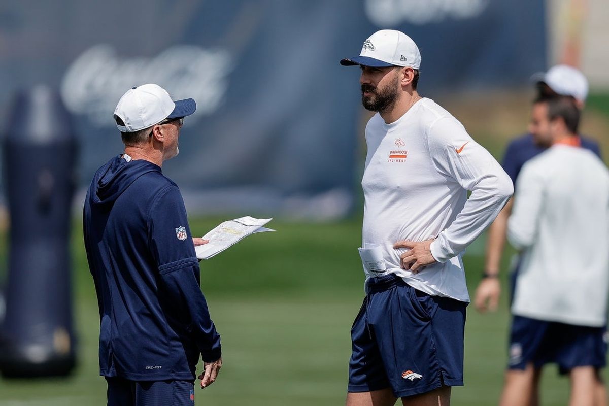 Jul 24, 2025; Englewood, CO, USA; Denver Broncos quarterbacks coach Davis Webb during Denver Broncos Training Camp. Mandatory Credit: Isaiah J. Downing-Imagn Images