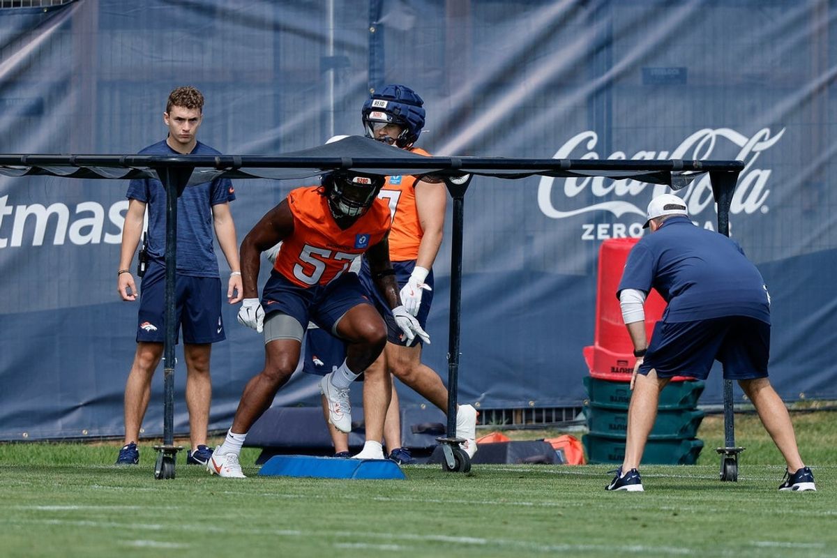 Jul 24, 2025; Englewood, CO, USA; Denver Broncos linebacker Dre Greenlaw (57) during Denver Broncos Training Camp. Mandatory Credit: Isaiah J. Downing-Imagn Images
