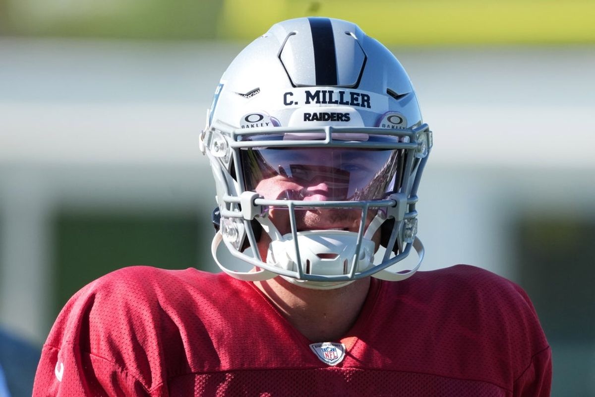 Jul 24, 2025; Henderson, NV, USA; Las Vegas Raiders quarterback Cam Miller (5) during training camp at the Intermountain Healthcare Performance Center. Mandatory Credit: Kirby Lee-Imagn Images