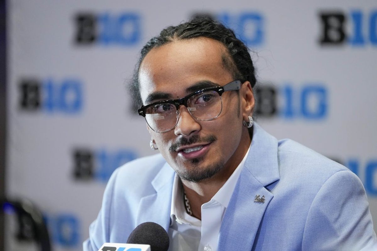 Jul 24, 2025; Las Vegas, NV, USA; UCLA quarterback Nico Iamaleava speaks to the media during the Big Ten NCAA college football media days at Mandalay Bay Resort. Mandatory Credit: Lucas Peltier-Imagn Images