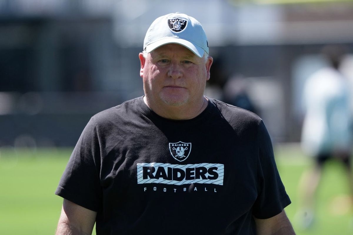 Jul 24, 2025; Henderson, NV, USA; Las Vegas Raiders offensive coordinator Chip Kelly during training camp at the Intermountain Healthcare Performance Center. Mandatory Credit: Kirby Lee-Imagn Images