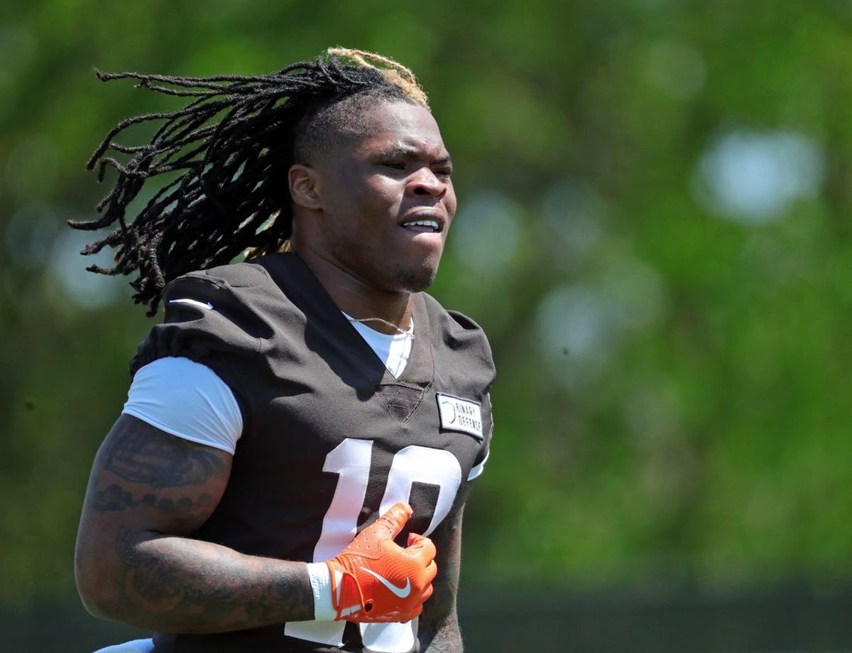 Browns running back Quinshon Judkins runs off the field during rookie minicamp May 10, 2025, in Berea, Ohio.
