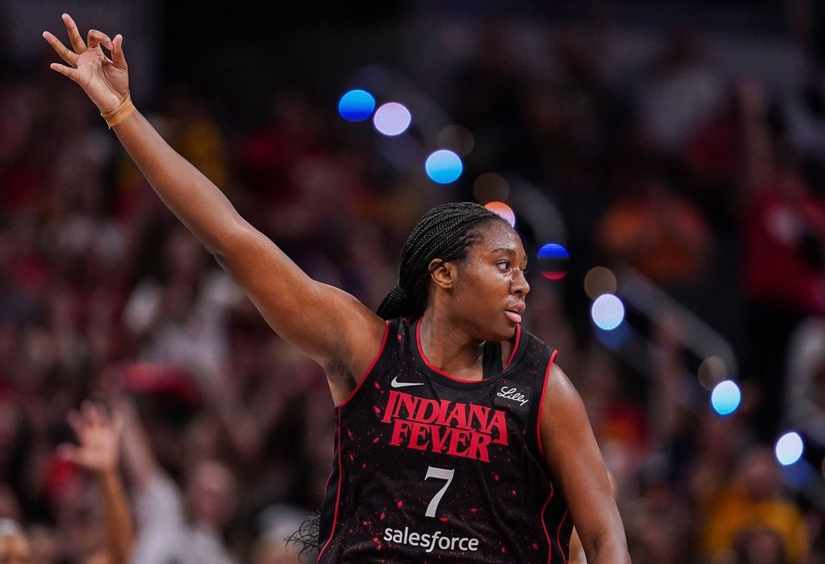 Indiana Fever forward Aliyah Boston (7) celebrates a three-point basket Thursday, July 24, 2025, during the game at Gainbridge Fieldhouse in Indianapolis.