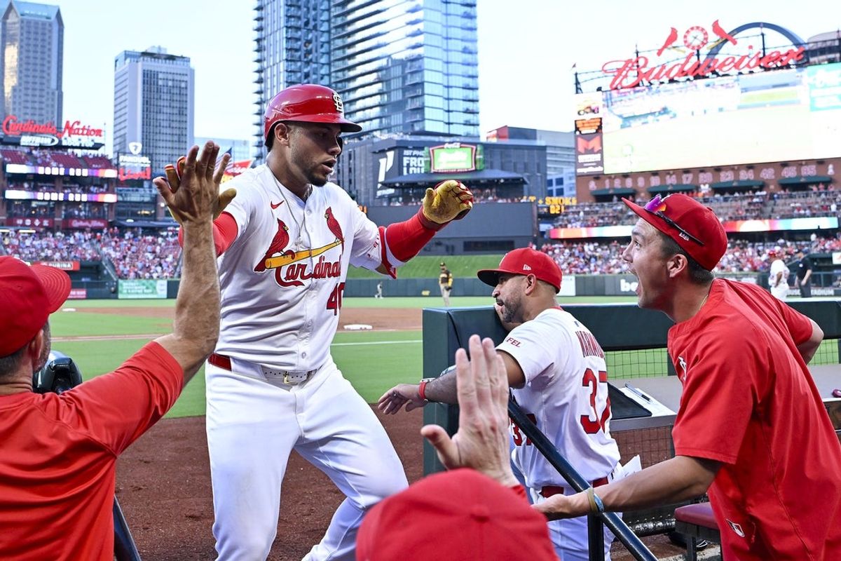 Jul 24, 2025; St. Louis, Missouri, USA;  St. Louis Cardinals first baseman Willson Contreras (40) is congratulated by teammates after hitting a three run home run off against the San Diego Padres during the second inning at Busch Stadium. Mandatory Credit: Jeff Curry-Imagn Images