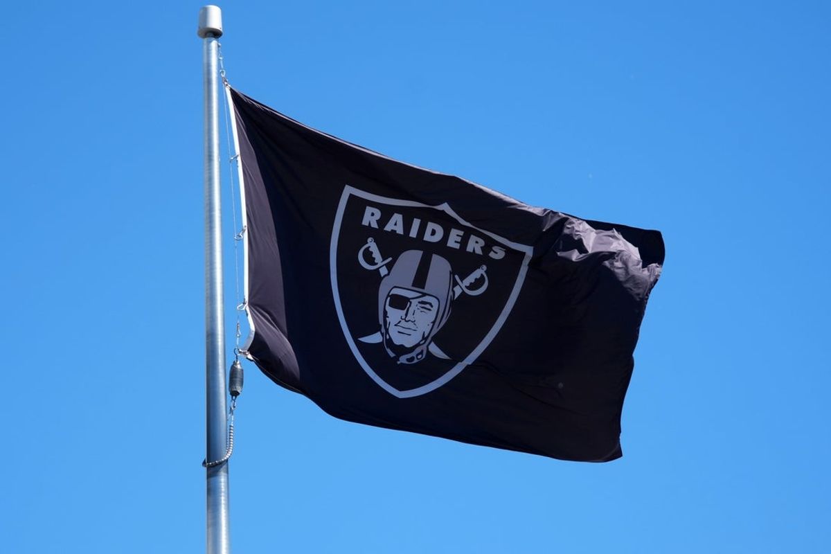 Jul 24, 2025; Henderson, NV, USA; A Las Vegas Raiders shield logo flag at the Intermountain Healthcare Performance Center. Mandatory Credit: Kirby Lee-Imagn Images