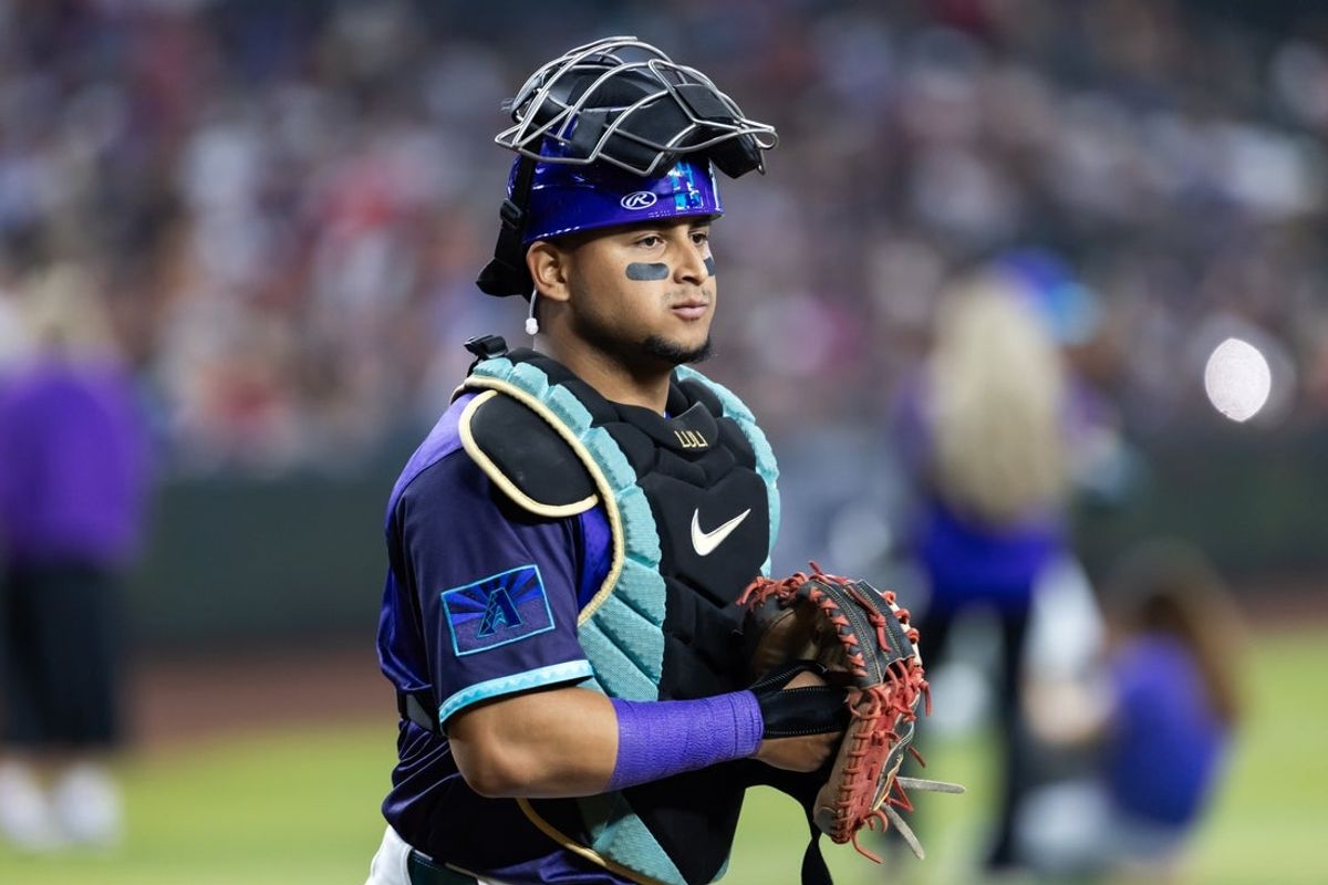 Jun 13, 2025; Phoenix, Arizona, USA; Arizona Diamondbacks catcher Gabriel Moreno against the San Diego Padres at Chase Field. Mandatory Credit: Mark J. Rebilas-Imagn Images