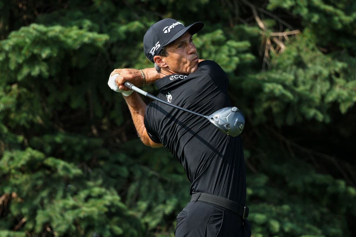 Jul 25, 2025; Blaine, Minnesota, USA; Thorbjorn Olesen plays his shot from the second tee during the second round of the 3M Open golf tournament. Mandatory Credit: Matt Krohn-Imagn Images