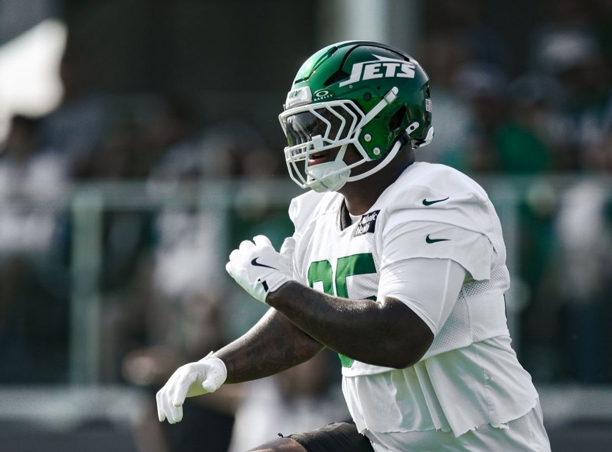 Jul 25, 2025; Florham Park, NJ, USA; New York Jets defensive tackle Quinnen Williams (95) warms up during training camp at Atlantic Health Jets Training Center. Mandatory Credit: John Jones-Imagn Images