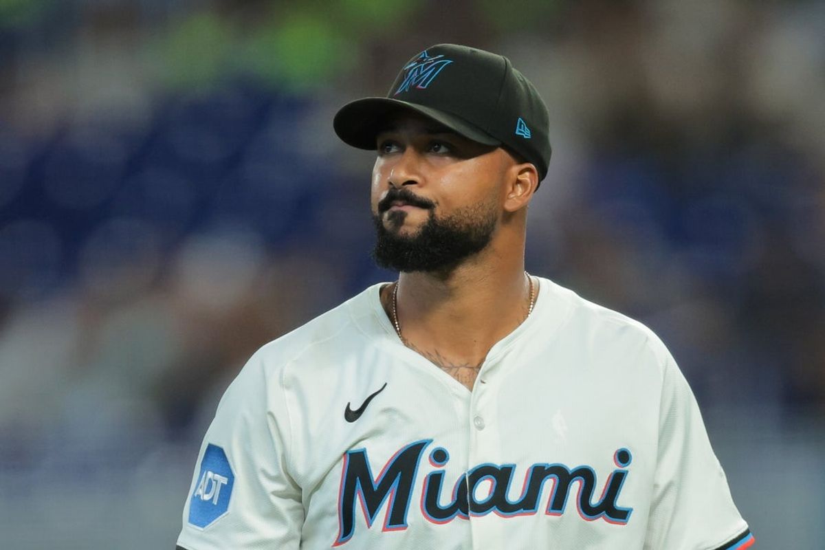 Jul 23, 2025; Miami, Florida, USA; Miami Marlins starting pitcher Sandy Alcantara (22) looks on against the San Diego Padres during the first inning at loanDepot Park. Mandatory Credit: Sam Navarro-Imagn Images