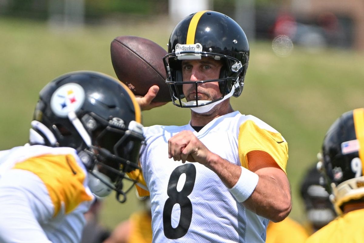 Jul 25, 2025; Pittsburgh, PA, USA; Pittsburgh Steelers quarterback Aaron Rodgers (8) participates in drills during training camp at Saint Vincent College. Mandatory Credit: Barry Reeger-Imagn Images