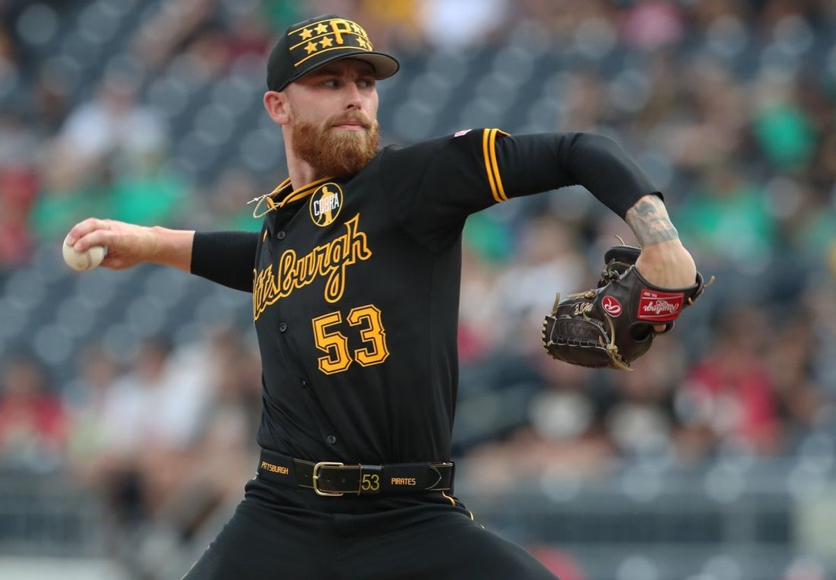 Jul 25, 2025; Pittsburgh, Pennsylvania, USA;  Pittsburgh Pirates starting pitcher Mike Burrows (53) delivers a pitch against the Arizona Diamondbacks during the first inning at PNC Park. Mandatory Credit: Charles LeClaire-Imagn Images