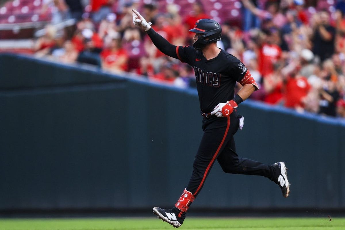 Jul 25, 2025; Cincinnati, Ohio, USA; Cincinnati Reds catcher Tyler Stephenson (37) runs the bases after hitting a solo home run in the second inning against the Tampa Bay Rays at Great American Ball Park. Mandatory Credit: Katie Stratman-Imagn Images
